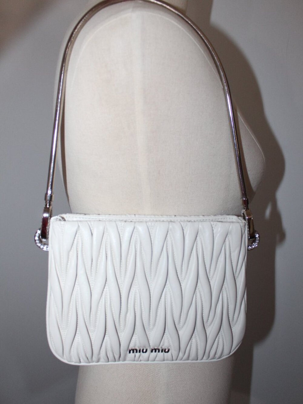 MIU MIU Sassy Matelasse' Leather Quilted Shoulder Bag Chain Strap Crystal Accent